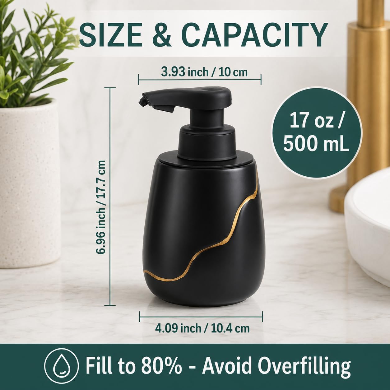 Capacity and dimensions diagram for the white and gold BosilunLife Nordic Garden automatic foaming soap dispenser. The 17oz (500ml) recycled eco-clay bottle measures 6.96 inches tall by 4.09 inches wide, including a usage warning to fill to 80% to avoid overfilling.