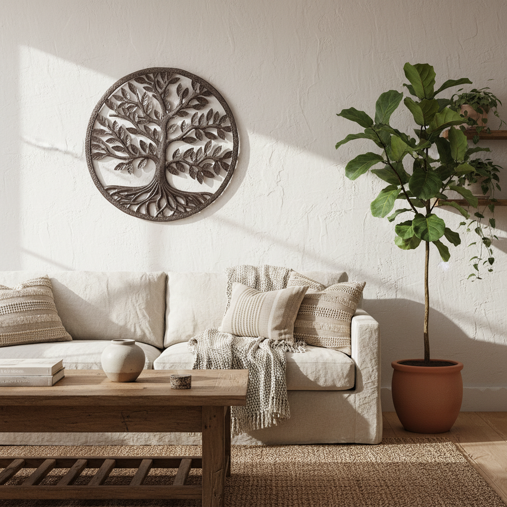 Classic Tree of Life Unpainted Haitian metal wall art in bohemian living room with natural light shadow patterns
