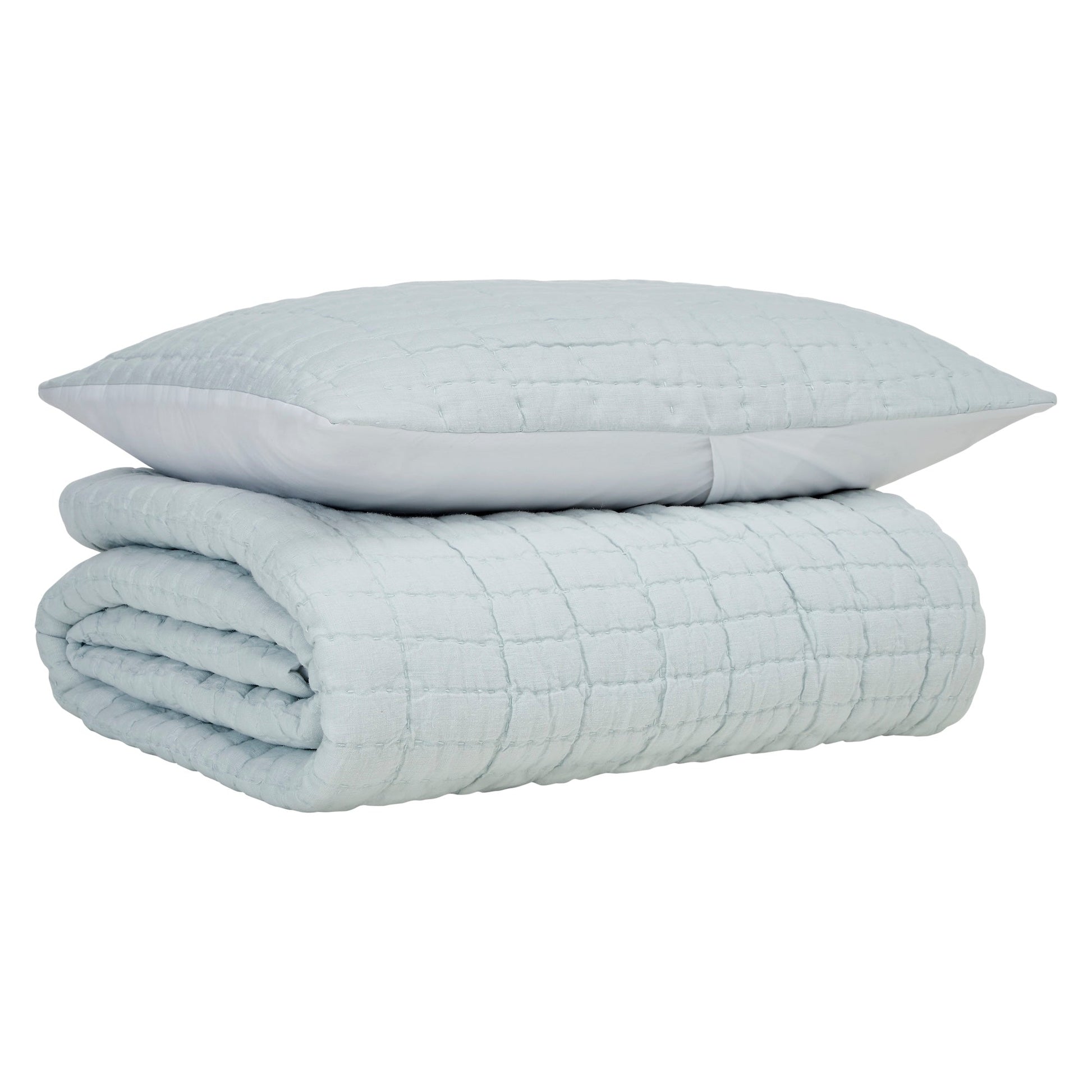 QT-373-11096_5|Folded light blue textured quilt and matching pillow sham on white background, perfect for bedroom comfort.