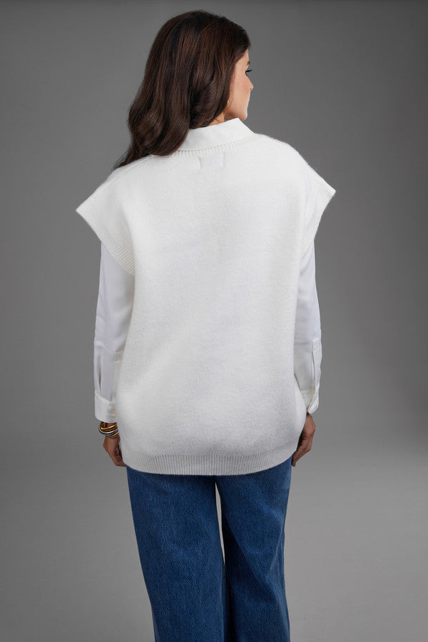 Cotton V Neck Sweater Vest White - White