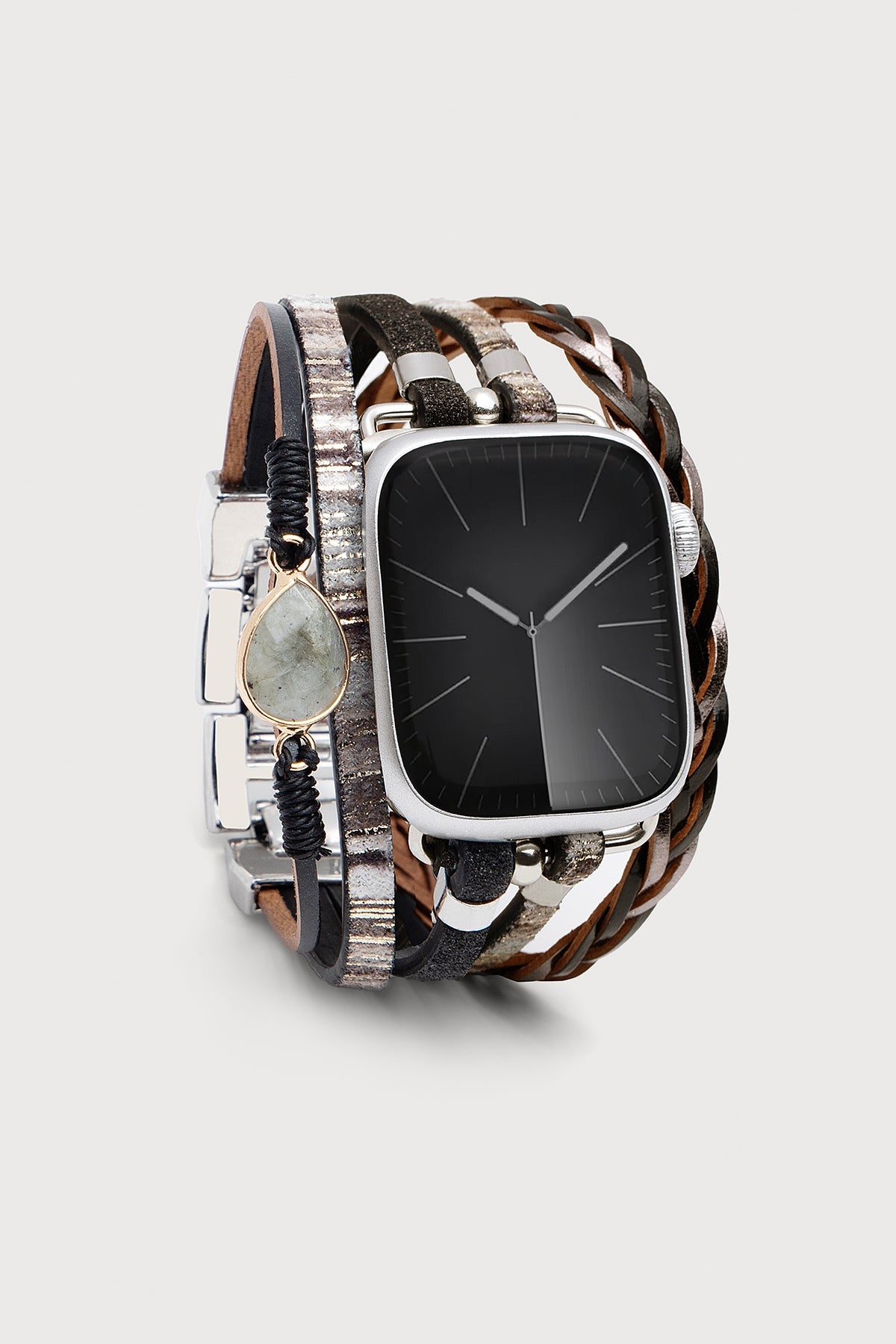 Boho Crystal Leather Apple Band - Black & Grey