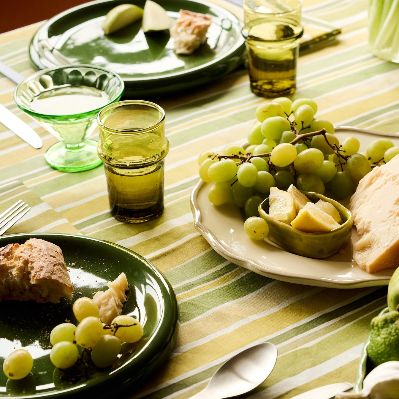 Lagos Stripe linen tablecloth rectangle with bold hand-painted stripe in green mustard and yellow - Goldie Home