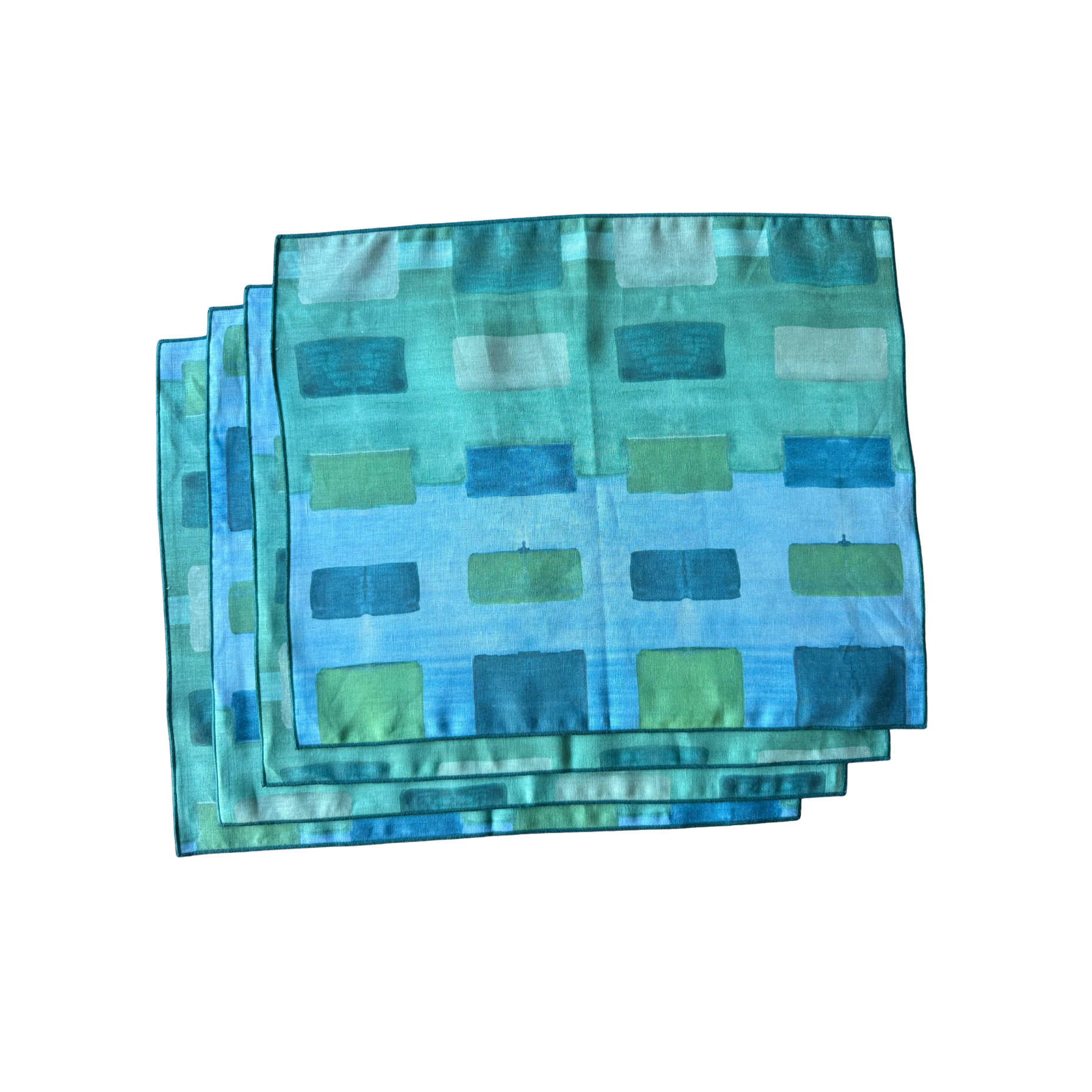 Blue Tapestry linen placemat set of 4 with bold abstract brushstroke art pattern in turquoise and blue - Goldie Home