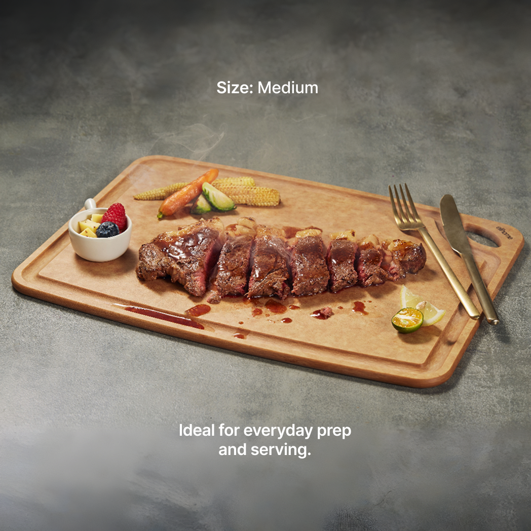Elihome Classic Series 2 Piece Cutting Board Set (S+M) - Medium board in use on kitchen countertop