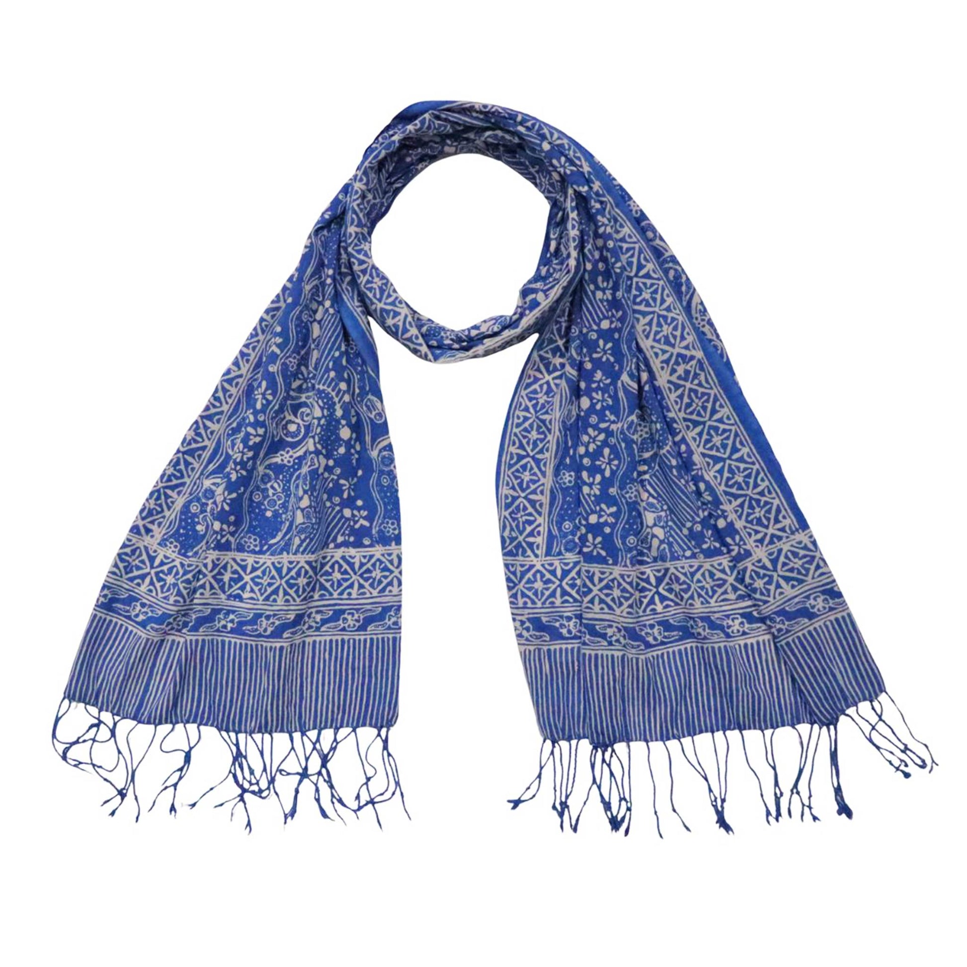 Blue patterned scarf with white accents on a white background
