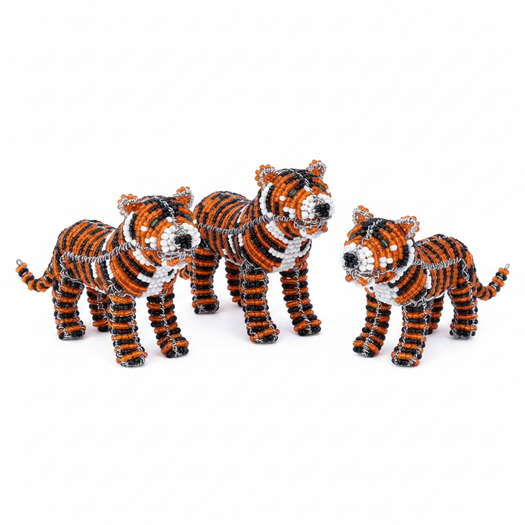 Minimal Tiger Set of 3 - white background hero shot, hand-sculpted beaded miniature tiger figurine