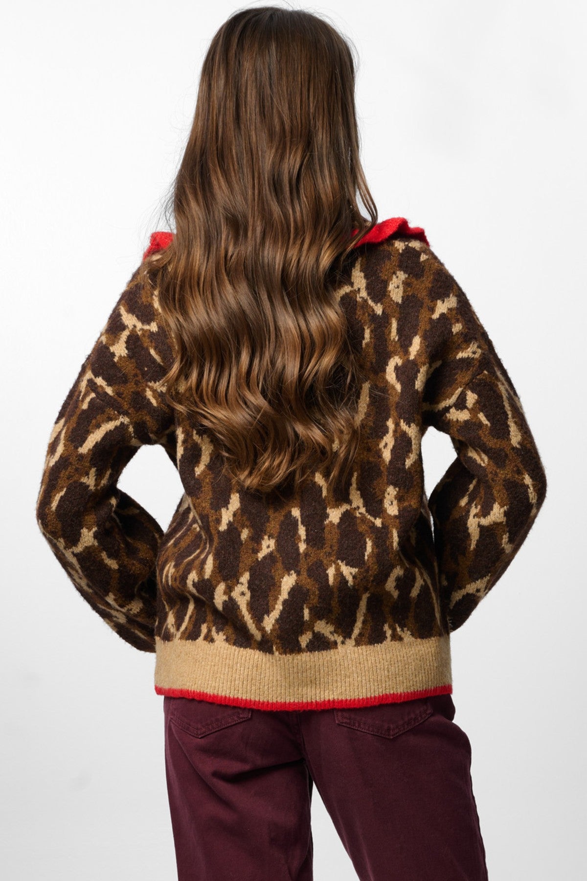 Leopard Collar Button Cardigan - Brown