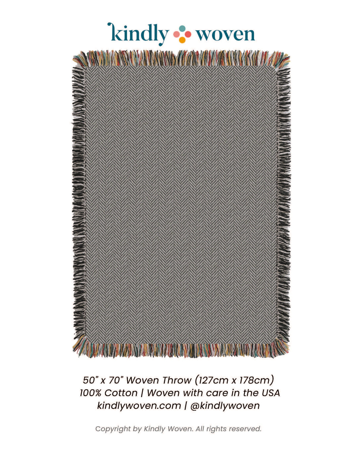 Full view of Henry Stone neutral herringbone reversible woven throw blanket with fringe
