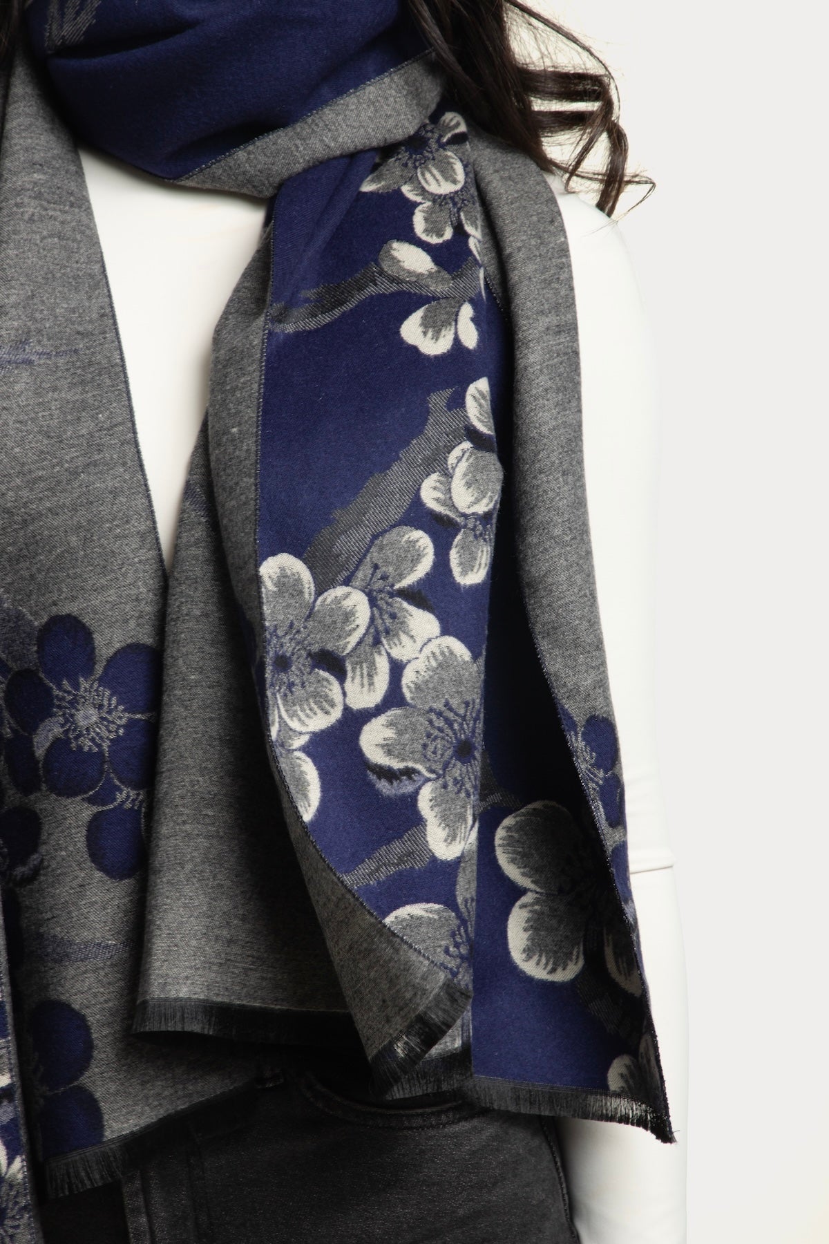 Two Color Floral Reversible Scarf - Navy