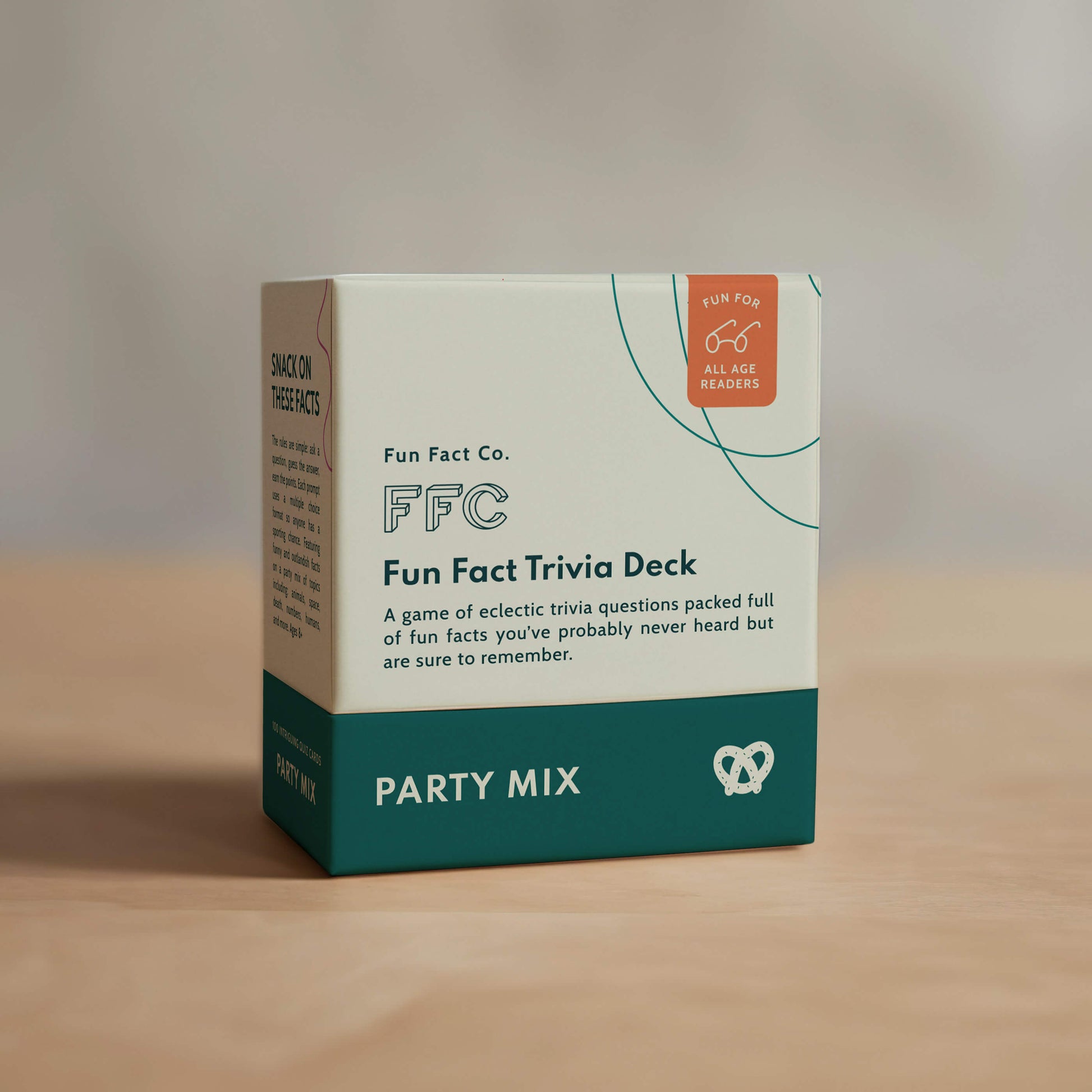 Hand holding a trivia card with multiple-choice questions, featuring the Fun Fact Co. brand.