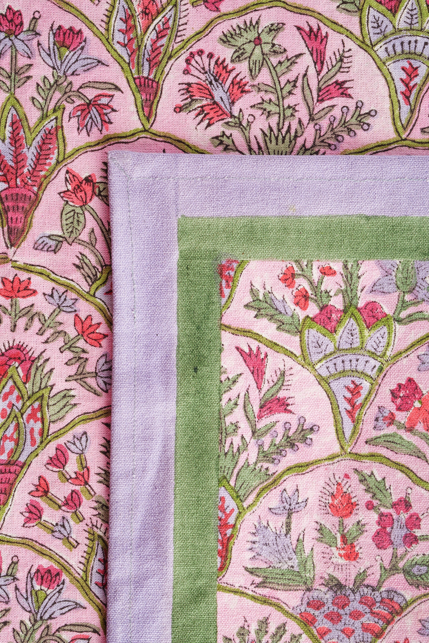 Pink Arch blockprint placemats with vibrant floral patterns, New York design studio decorative home decor