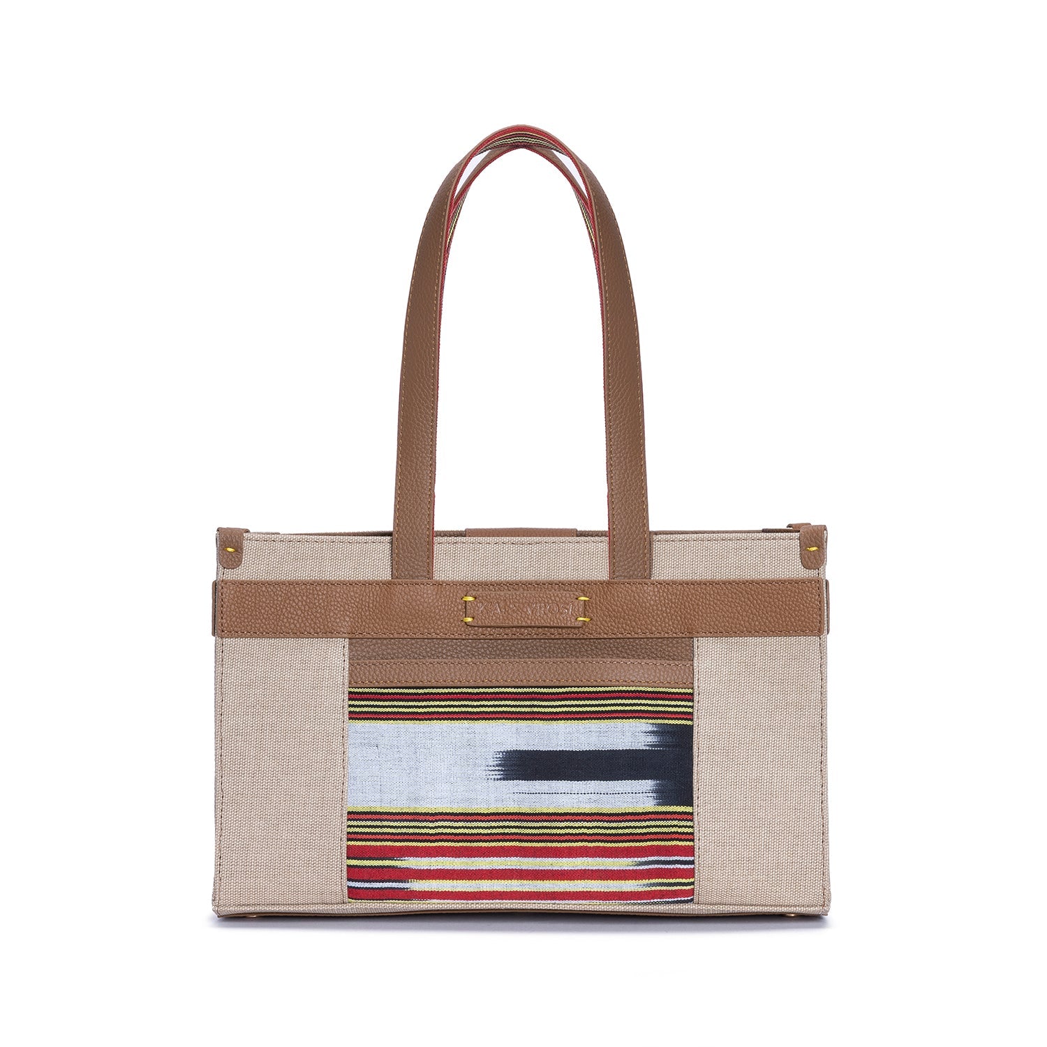 Midi Tobacco Leather & Canvas Tote Bag with Pockets