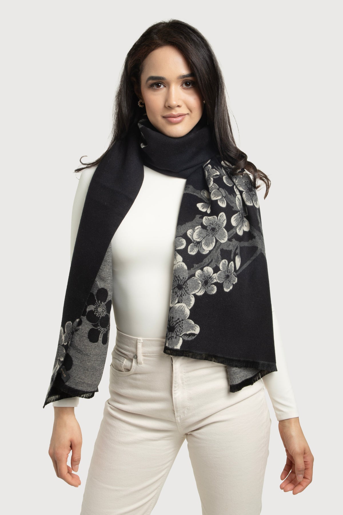 Two Color Floral Reversible Scarf - Black