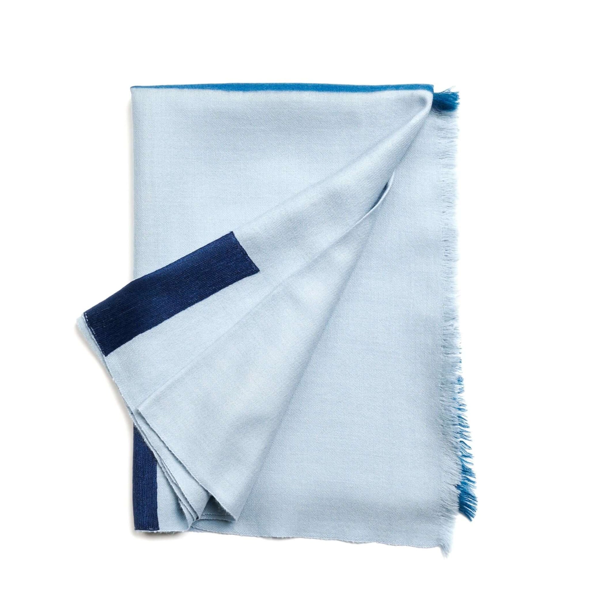 Harbor Blue Silk Merino Hand Woven Hand Embroidered Modern Artisanal Scarf elegantly draped.