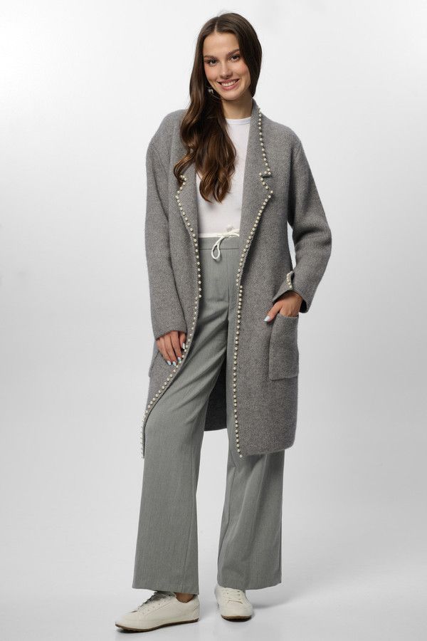 Pearl Trim Long Knit Blazer - Grey