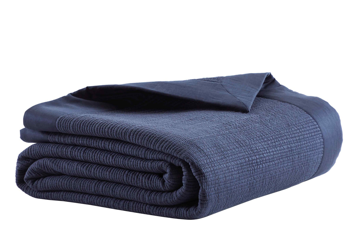 CL-167-9496_4|Folded navy blue textured coverlet, a compact and versatile bedding essential for any stylish bedroom.
