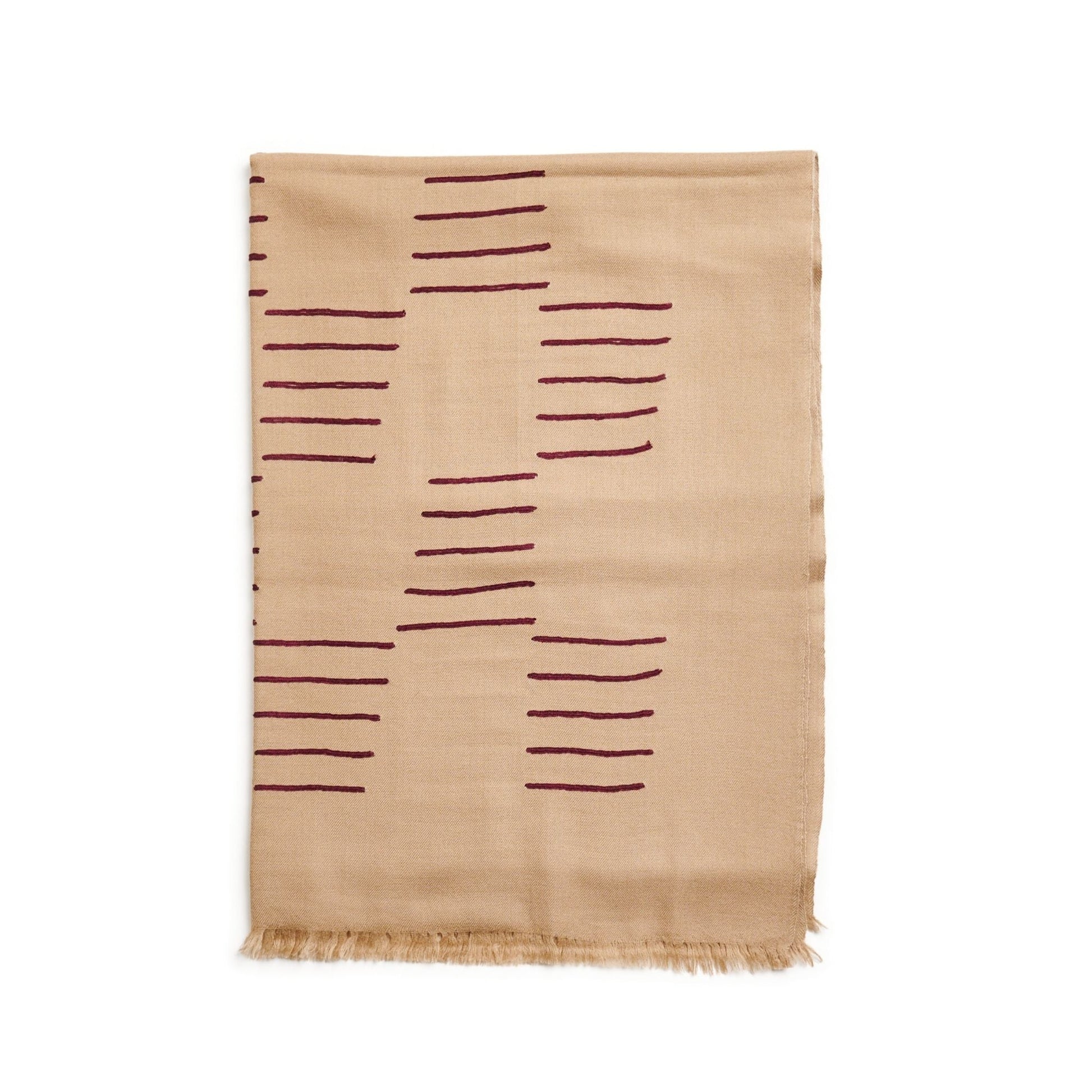 Maple Beige Handwoven Hand Embroidered Classic Scarf with burgundy embroidery on a beige background.