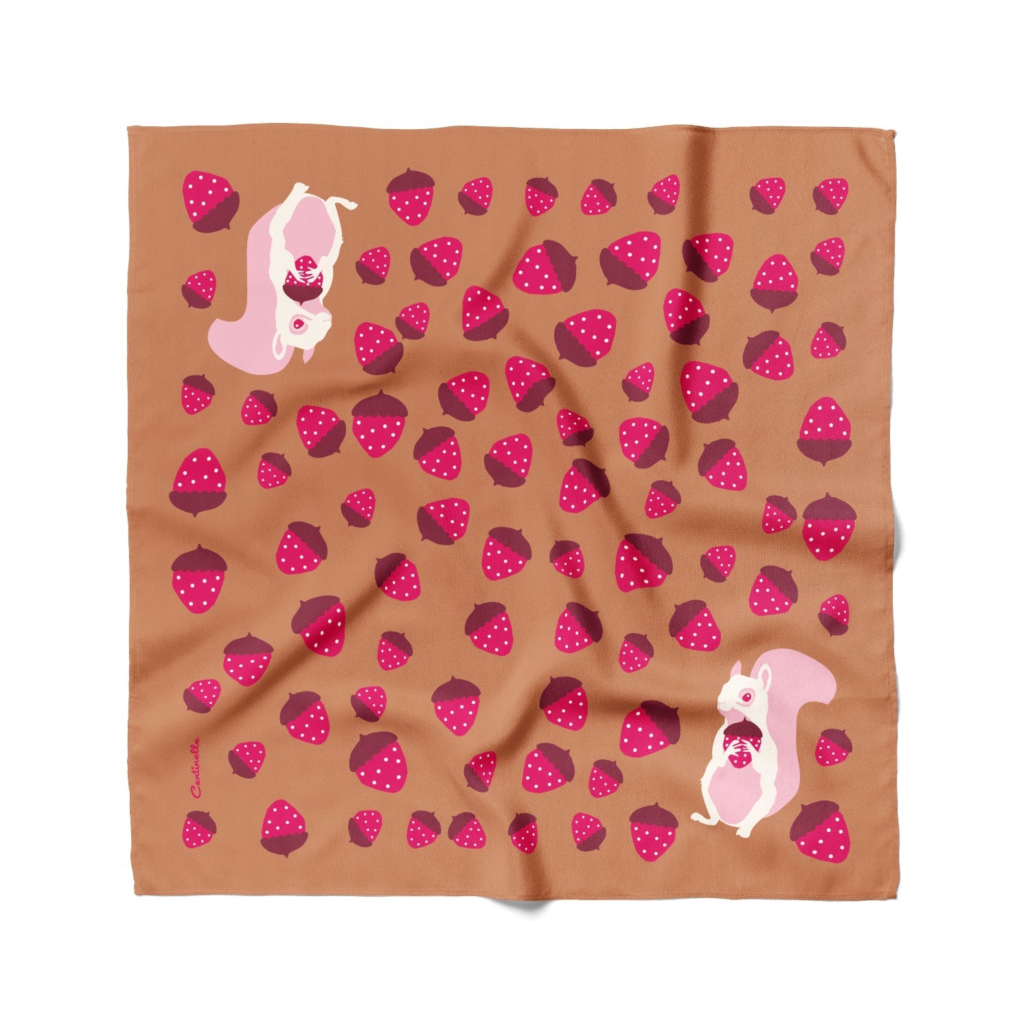 Pink Albino squirrel with a strawberry acorn on mocha mousse brown and burgundy cotton silk bandana from centinelle. Made of a luxurious cotton and silk twill blend with a precise machine-stitched hem. Ethically sourced 