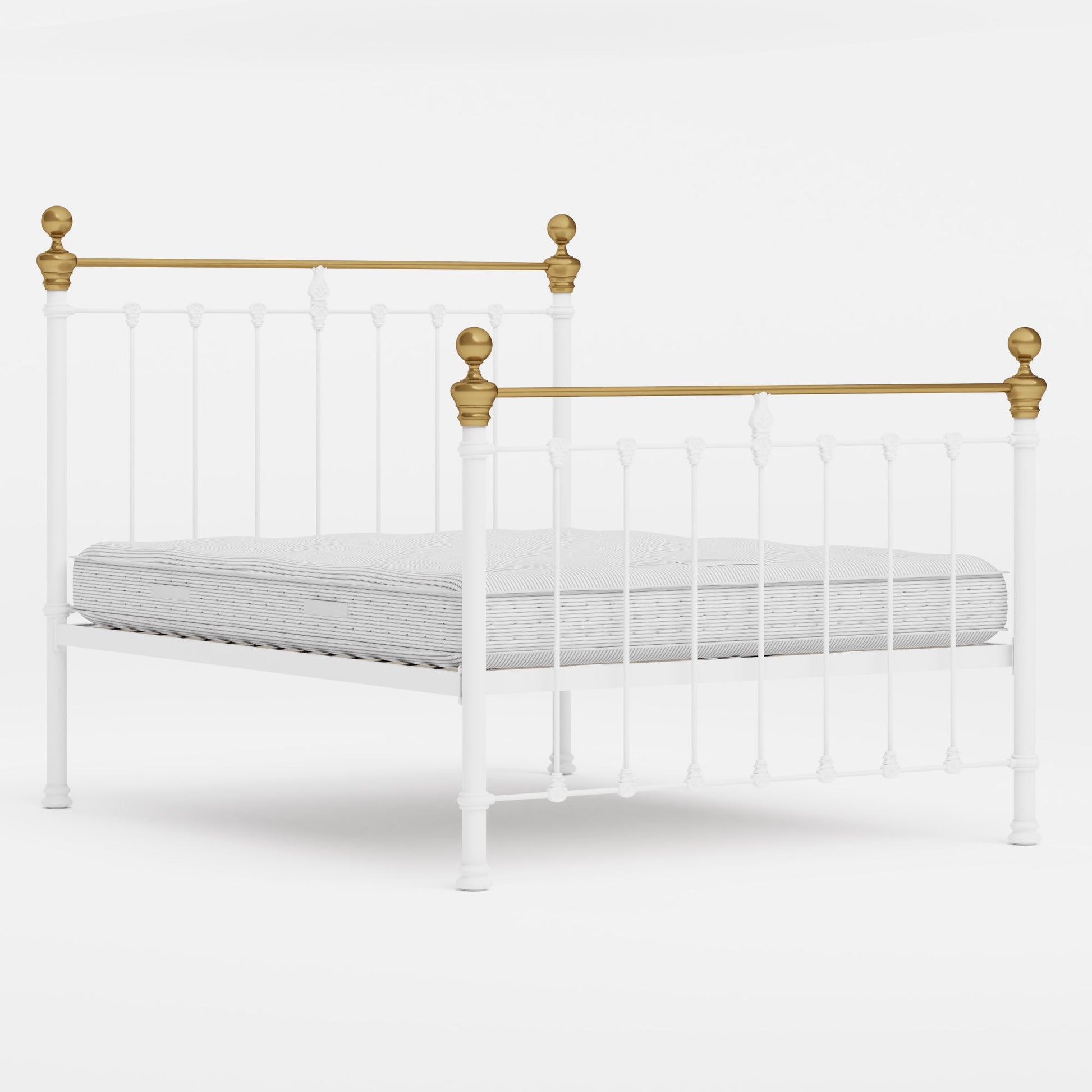 MB-202-7680_5|Minimalist white metal bed frame with elegant brass accents, ready for a mattress, offering durable and stylish support.