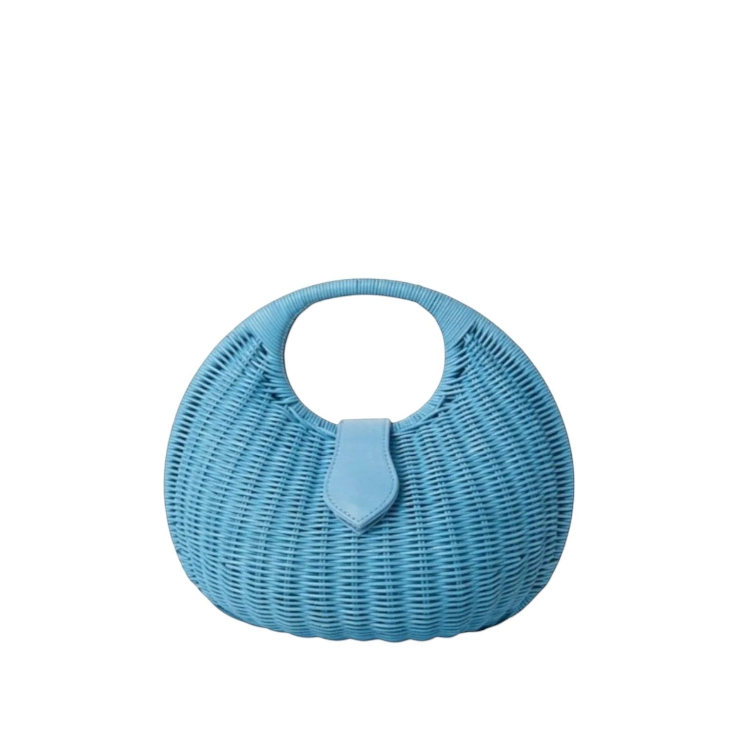 Shop Sarah Stewart Matilda blue wicker handbag with leather closure and cotton lining. Round top handle.