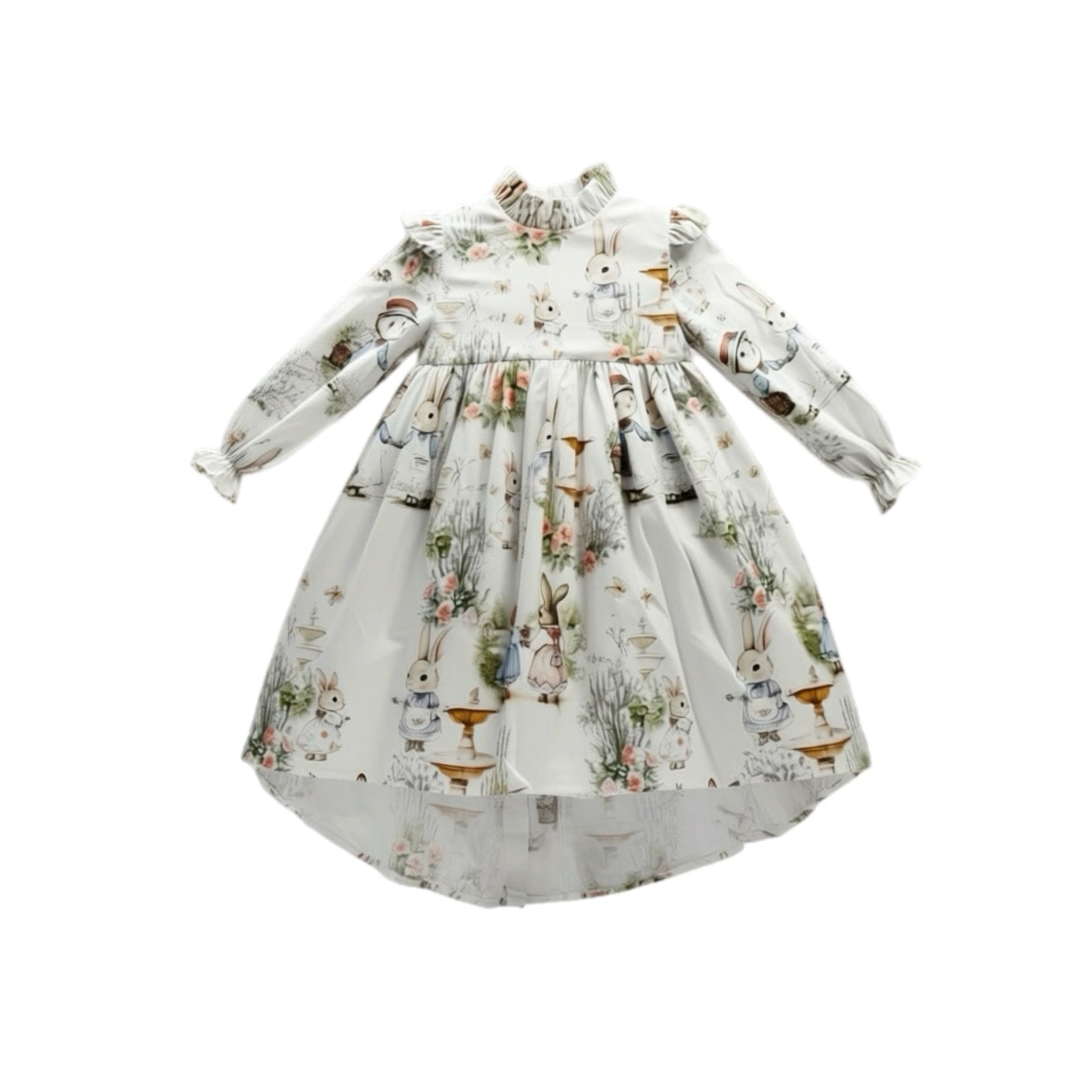 Children's dress with Bramble Rabbit print on a white background