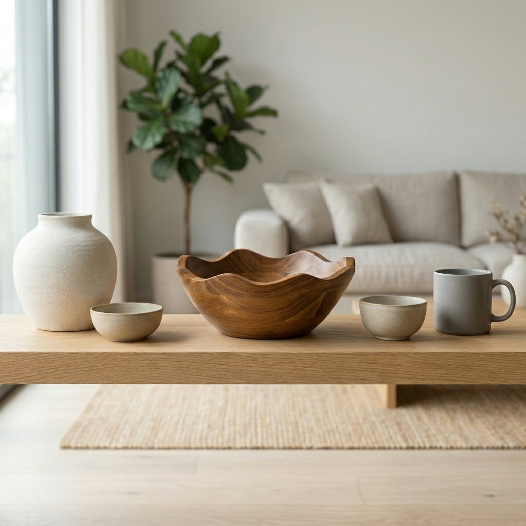 Acacia wood scalloped serving bowl with natural finish