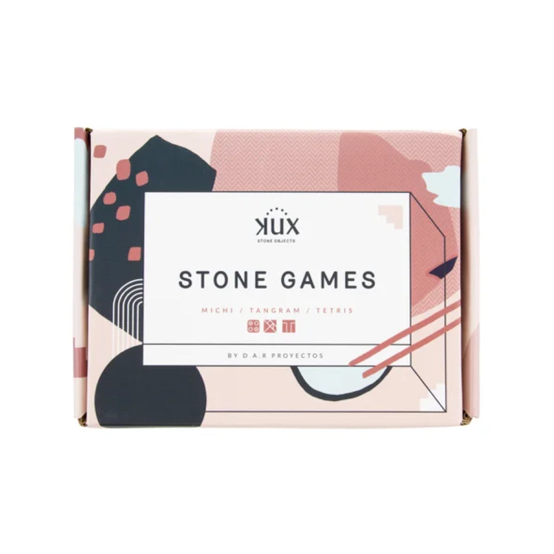 Stone Tic Tac Toe game components resting securely in their storage box on a white background.