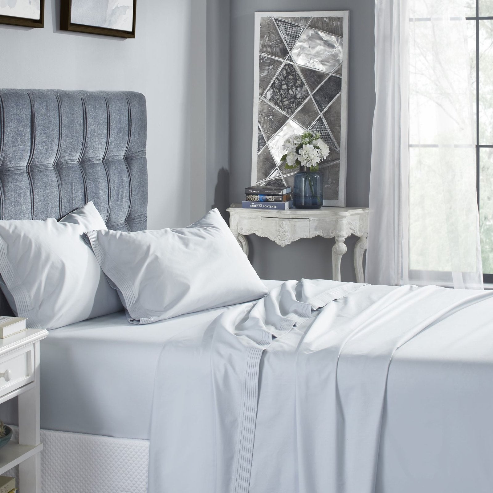 KSS-524-7880_1|Soft, breathable light blue 100% cotton sateen sheets, featuring elegant pintuck details, perfect for luxurious bedroom comfort.