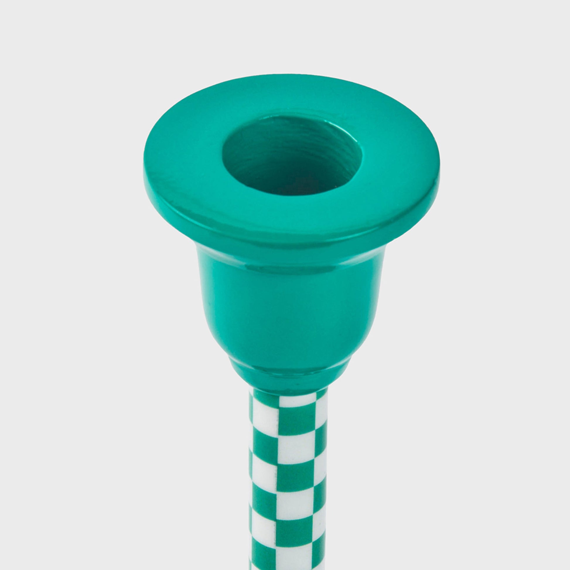 Fresh and contemporary jade mint candlestick with a playful checkered motif, perfect for a pop of color.