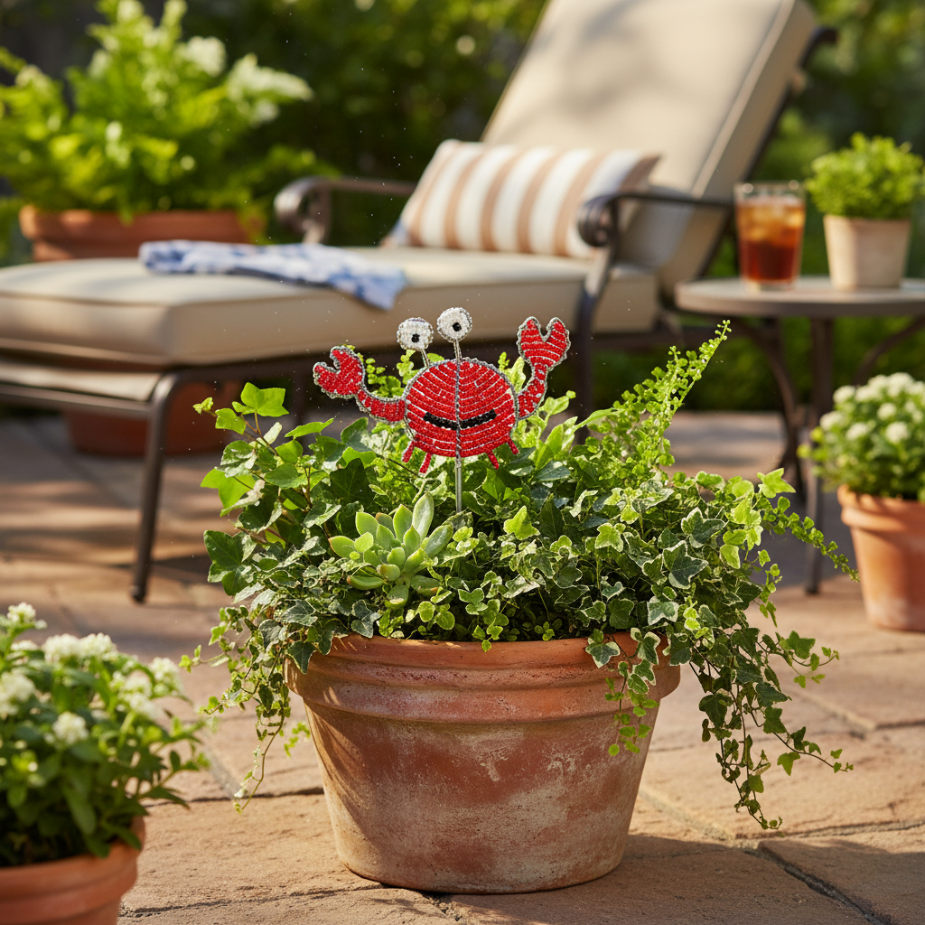 Crab Pot Stake Set of 3 in terracotta pot on sunny outdoor patio - handcrafted beaded garden decor