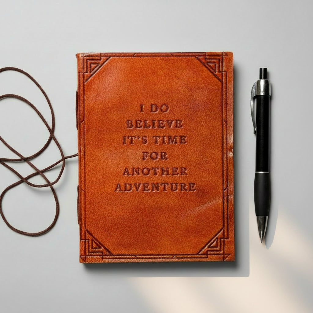 Artisan leather notebook with quote “Another Adventure” – made for explorers, travelers and goal setters