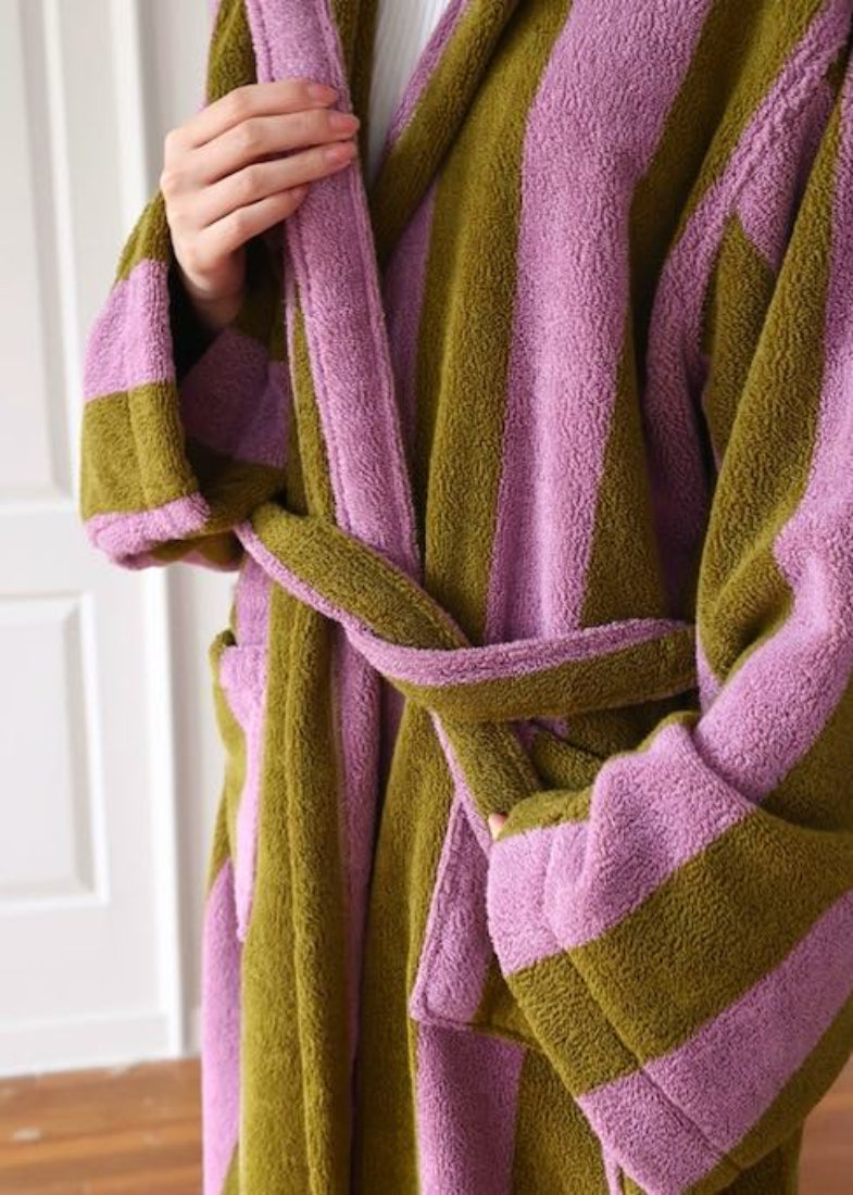 Ultra Soft Retro Whimsical Stripe Bath Robe - 100% Organic Long - stapled Cotton - Retro Whimsical Stripe Bath Robe - Blue & Green Stripe - INSPECIAL HOME