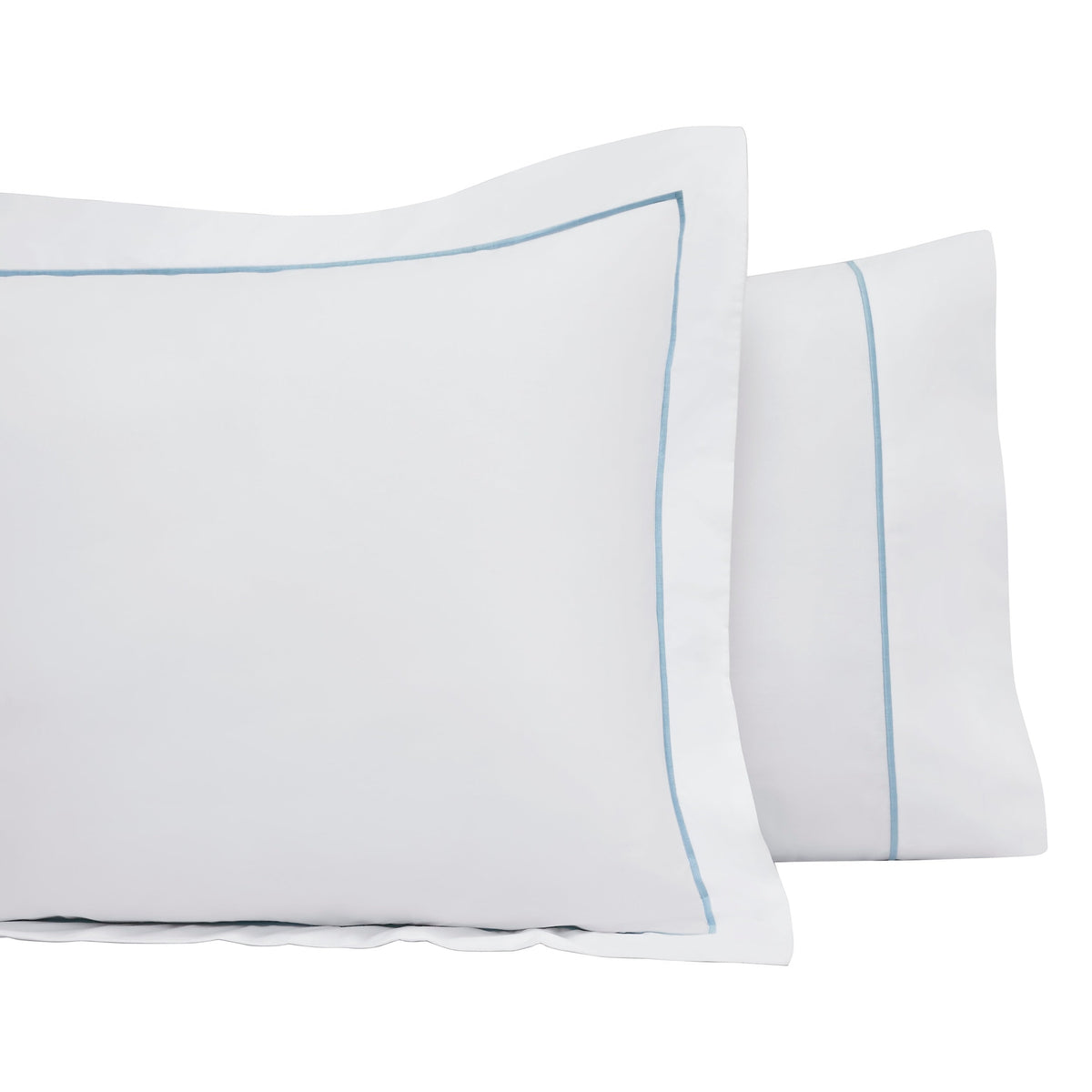 ASP-530-2032_2|Two white 100% cotton pillowcases, one with a flange, both featuring a single light blue piping border design.