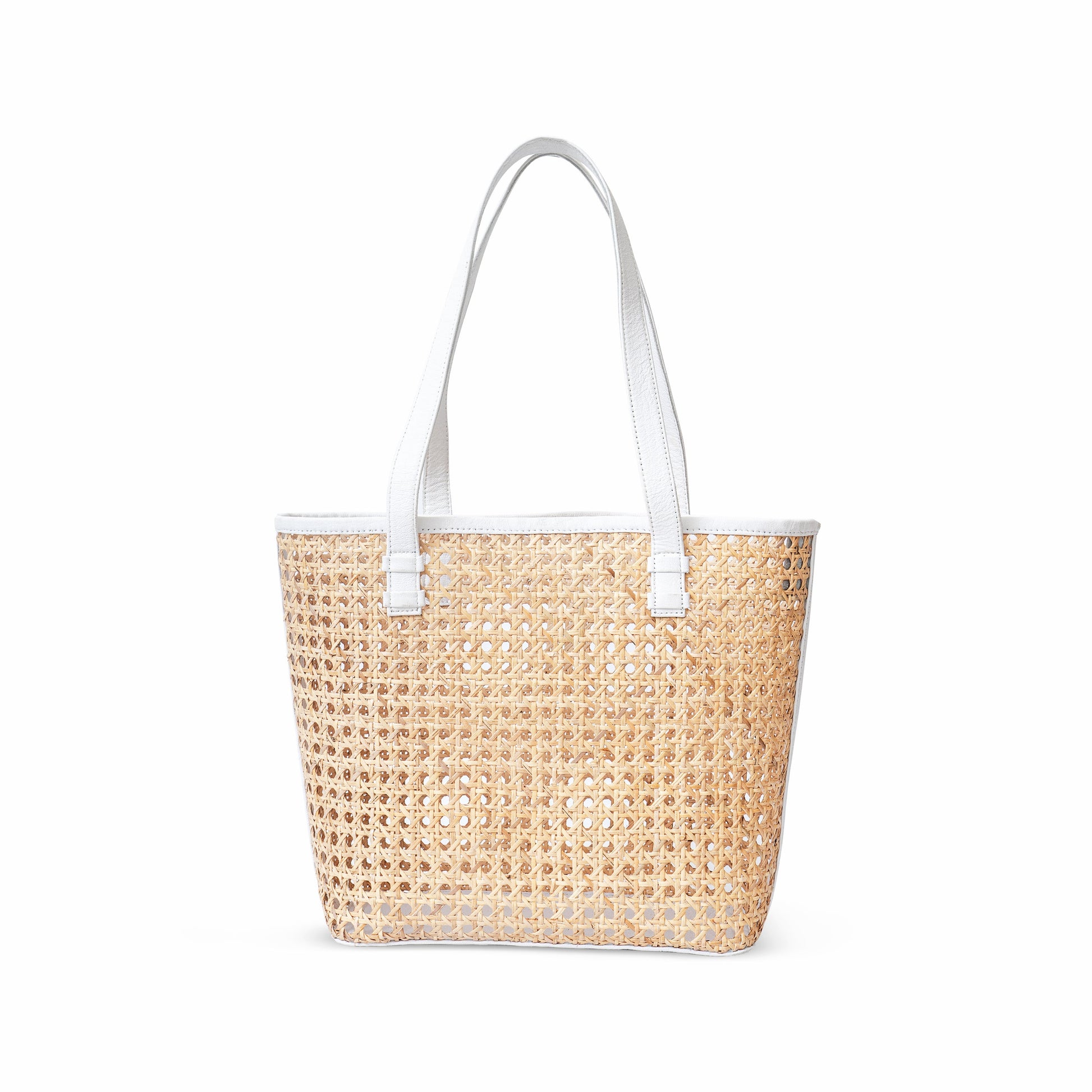 Rattan Cane white leather trim open weave shoulder tote market shopper bag
