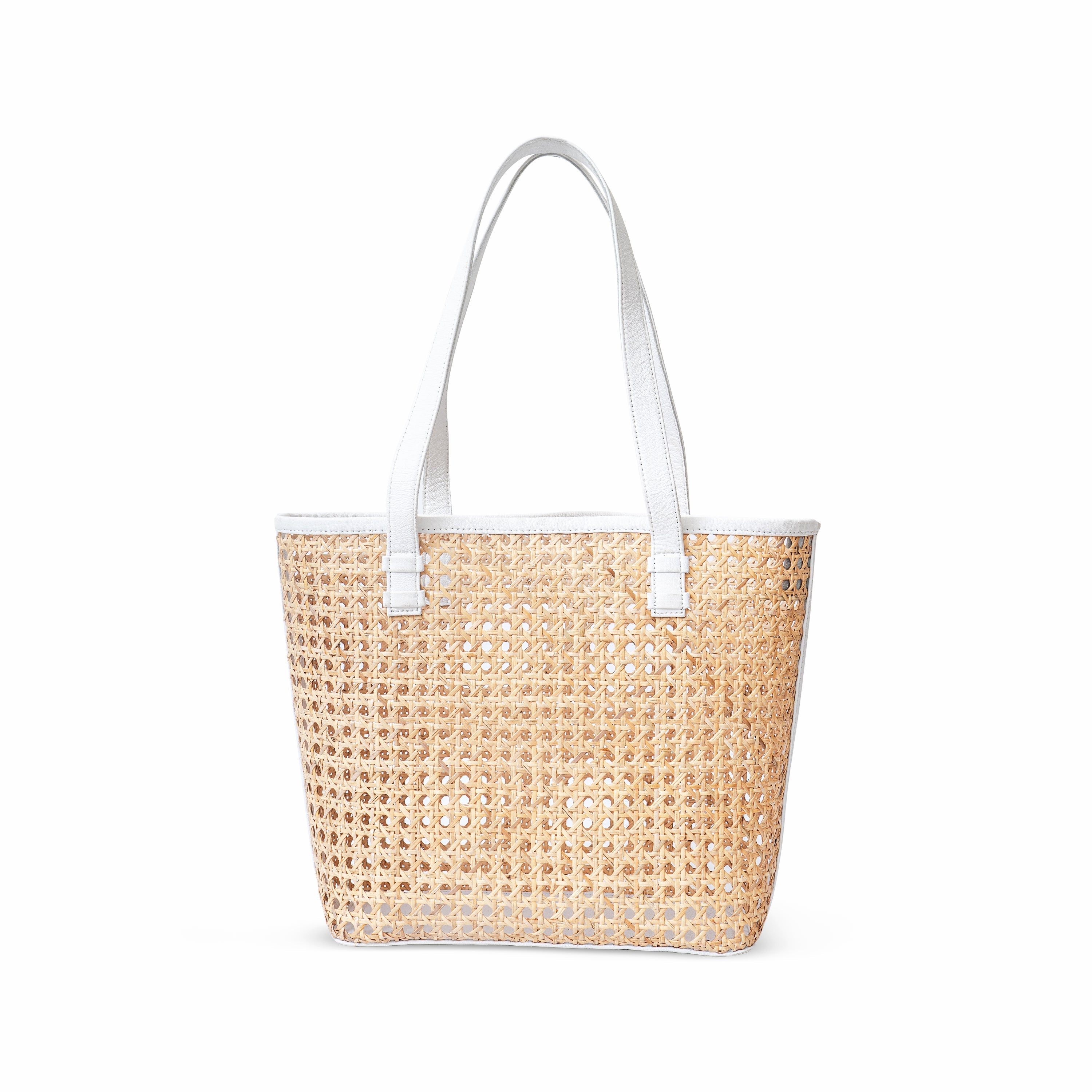 Rattan Cane white leather trim open weave shoulder tote market shopper bag
