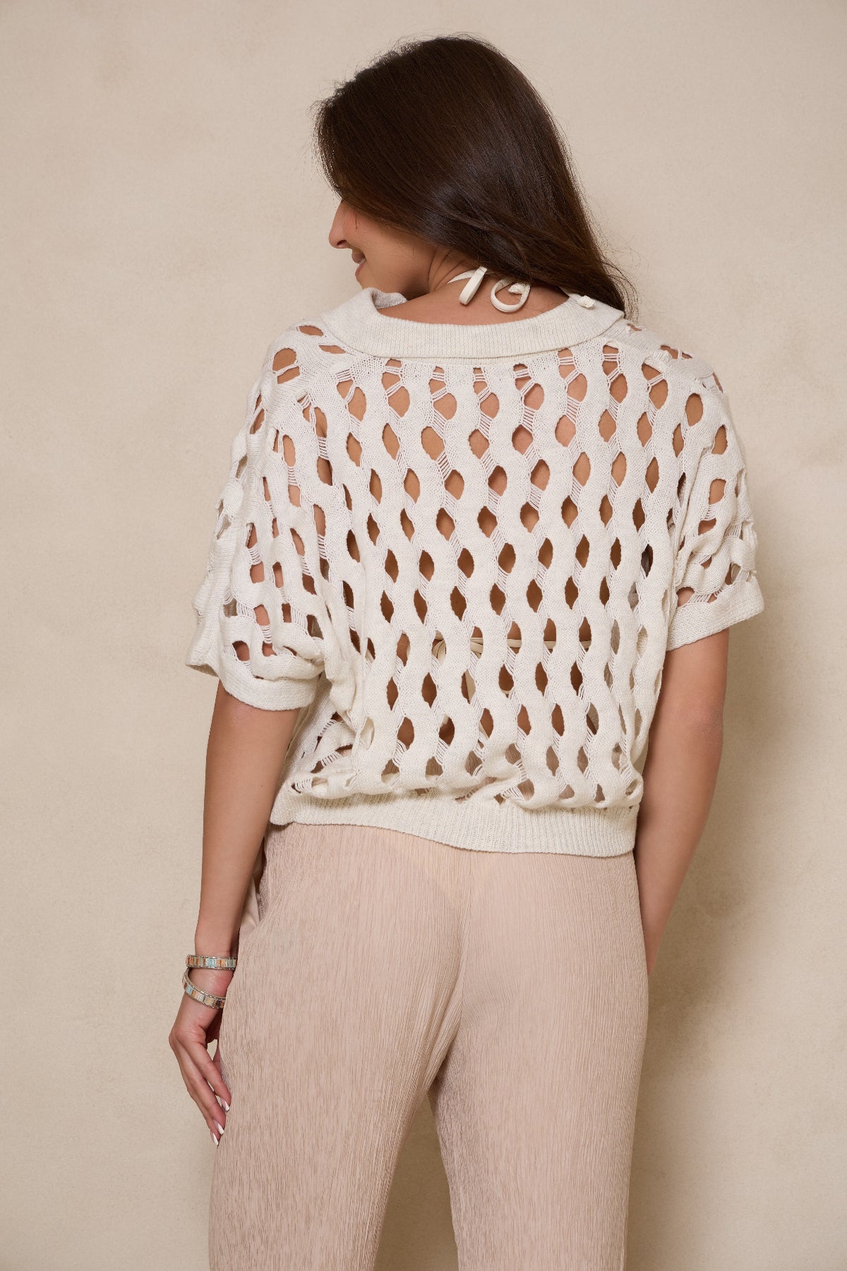 Knit Cut-Out Collared Shirt - White