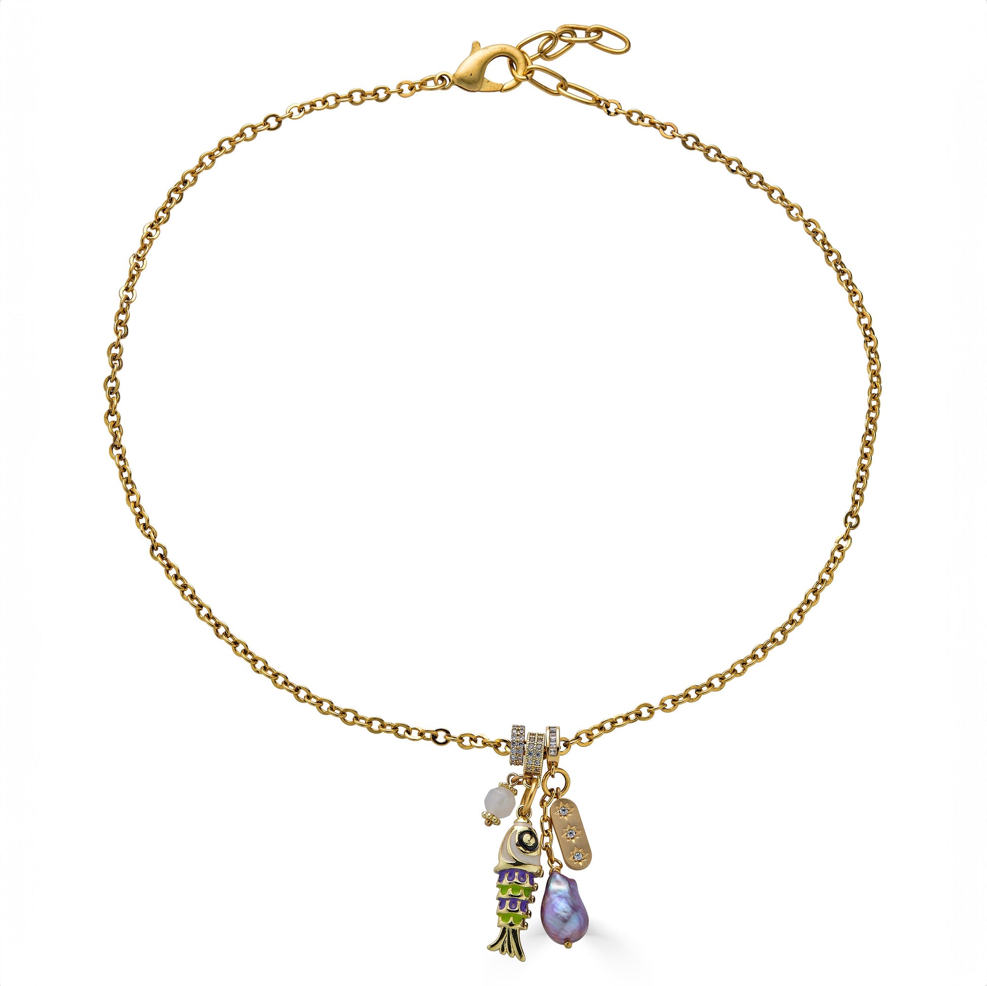Gold charm necklace with enamel fish charm, freshwater pearl drop, and pavé accent charms on a delicate chain.