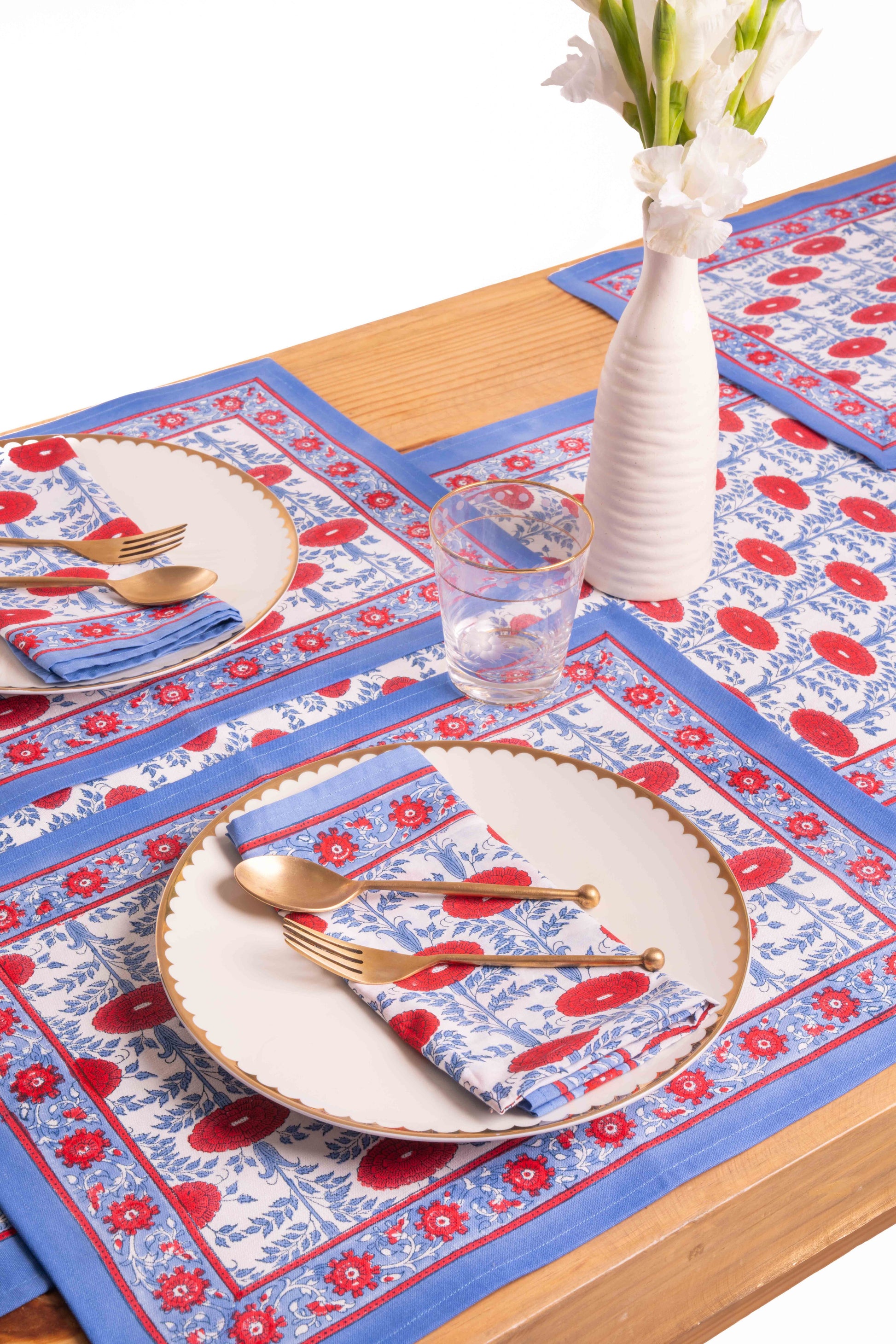 Table setting with Araminta blockprint napkins & placemats, gold utensils, Inner Child