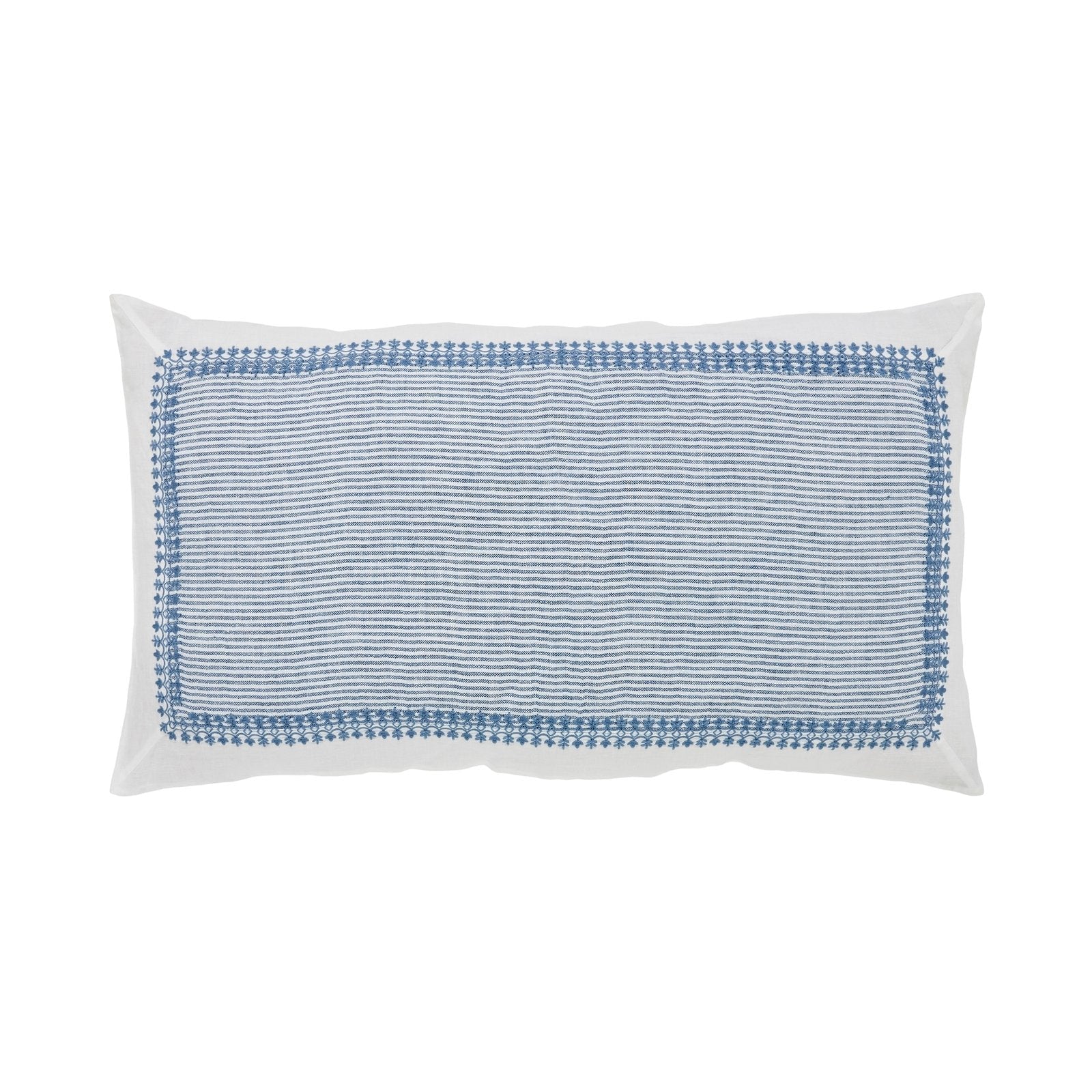 KS-030-2036_1|White linen duvet cover featuring a bold blue embroidered geometric border and striped pattern for modern decor.