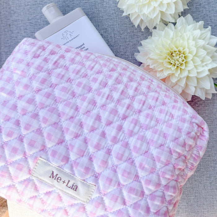 Gingham Pink Make-up Bag Large — pink gingham cotton travel pouch with zip