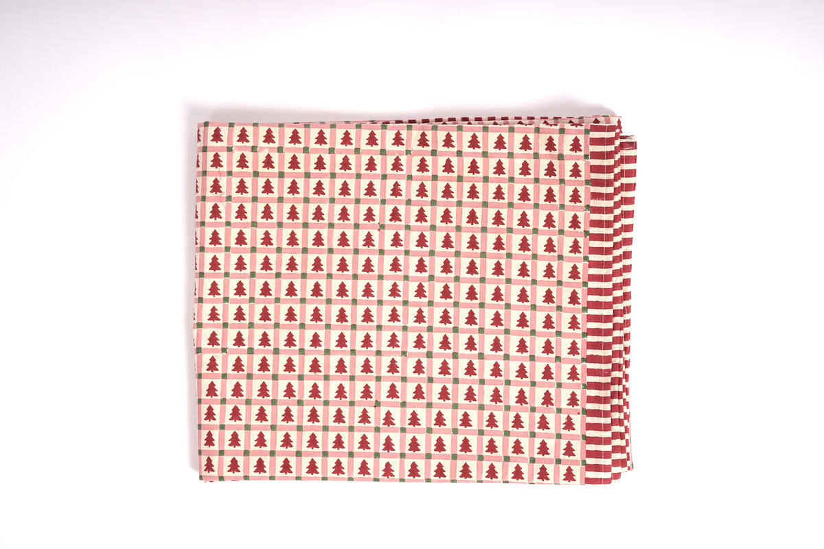 Merry Conifers - Hand Block-Printed Cotton Tablecloth, Red