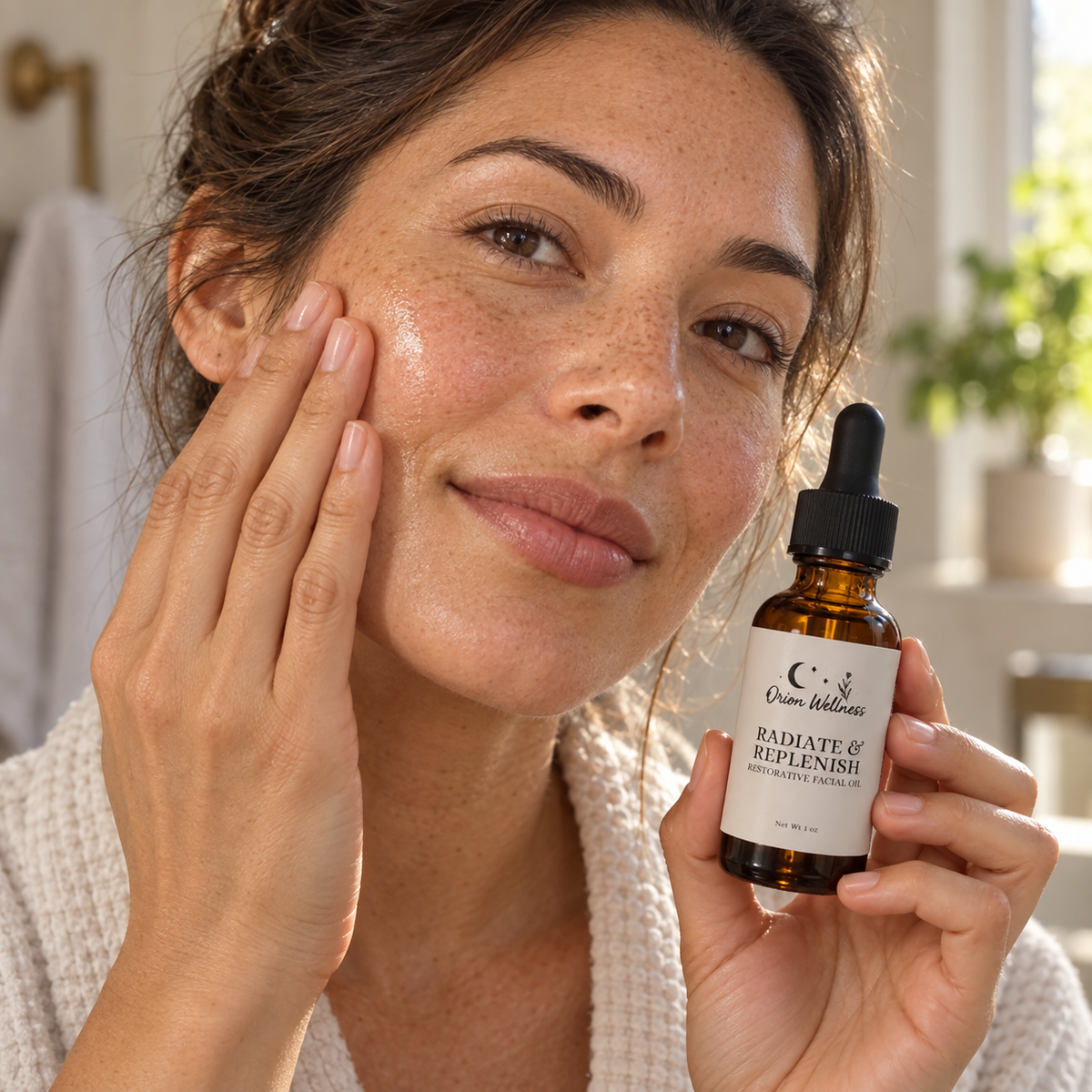 Radiate & Replenish Facial Oil shown in a natural on-skin application