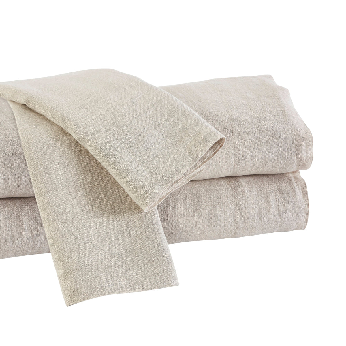 QSS-515-6080_5|Stack of neatly folded natural beige 100% linen sheets, showcasing their premium quality, softness, and durability.