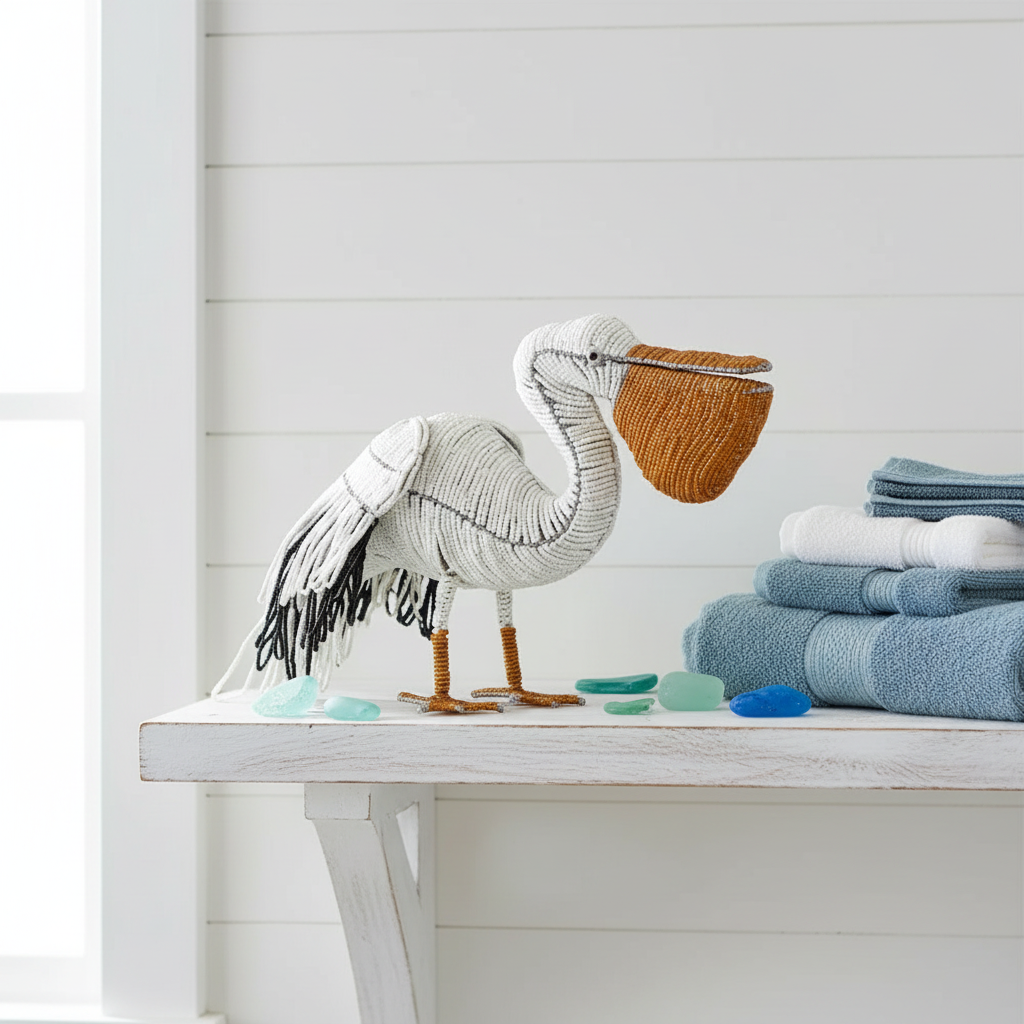 Handcrafted beaded pelican sculpture on coastal bathroom vanity shelf with white shiplap walls - 25PELM01