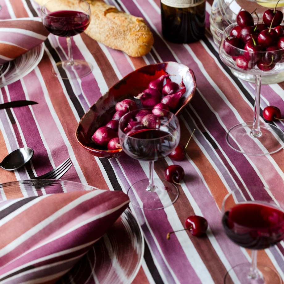 Lisbon Stripe linen tablecloth in pink plum maroon and rust hand-painted stripe pattern - Goldie Home