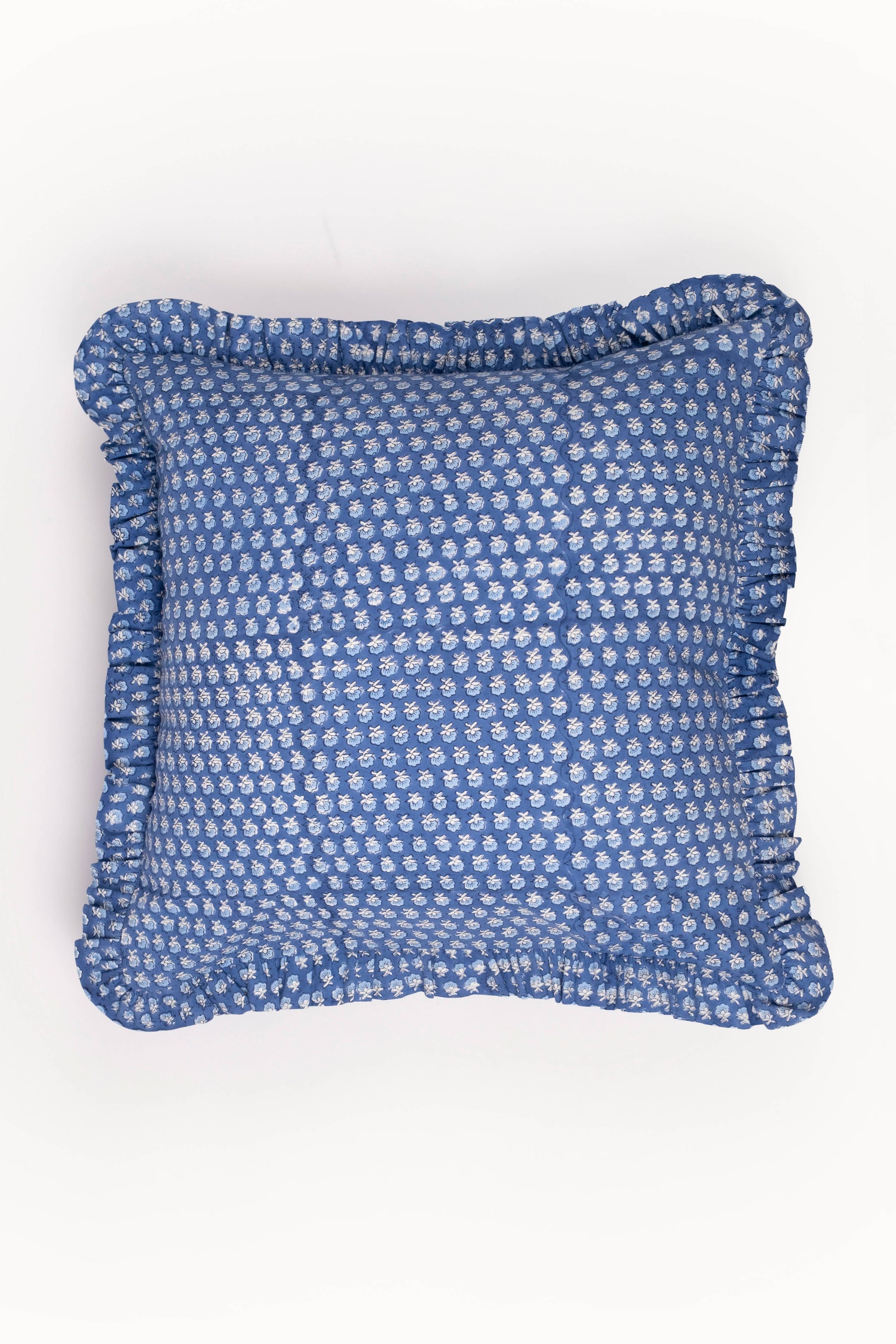 Parijat Blue Ruffle Blockprint Blue Pillow Cover