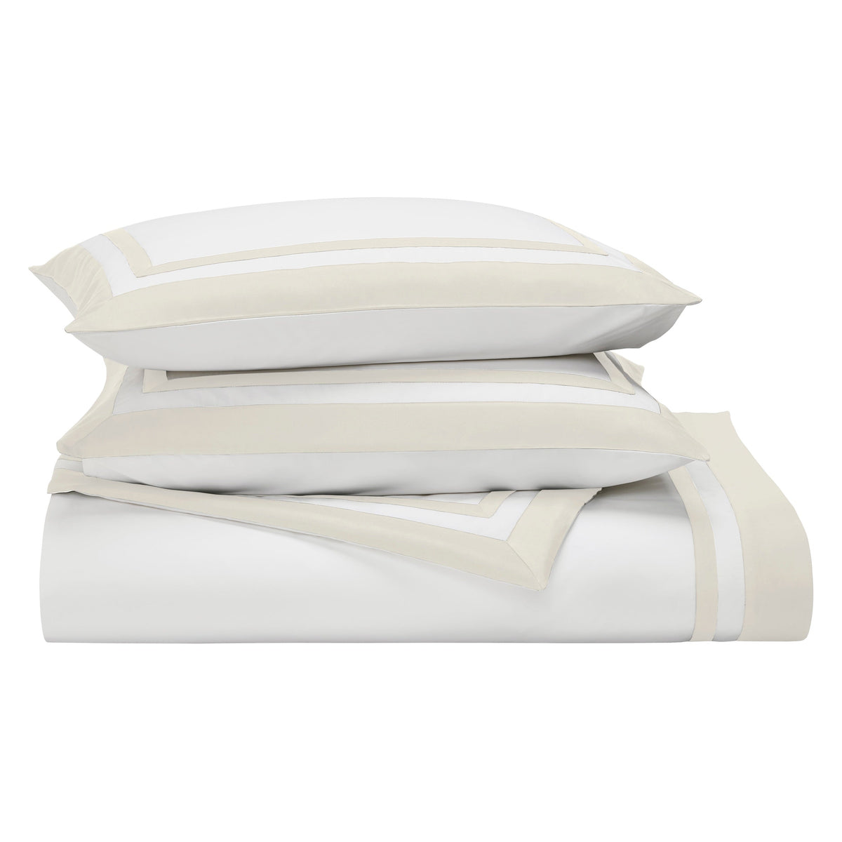 BS-061-1216_3|Stacked luxurious white duvet cover set with elegant beige striped trim, premium cotton for ultimate bedroom style and comfort.
