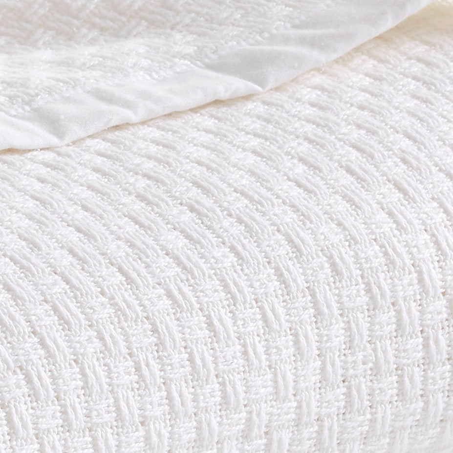 BL-852-11096_4|Detailed close-up of a luxurious white waffle weave blanket, highlighting its intricate texture and soft comfort.