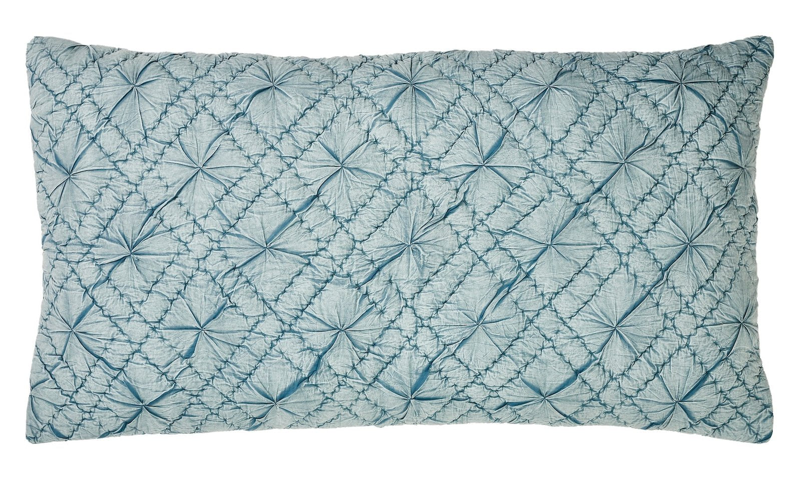 KS-365-2036_1|Serene light blue quilted pillow sham, featuring an elaborate ruched floral or starburst pattern, adding sophisticated texture to bedding.