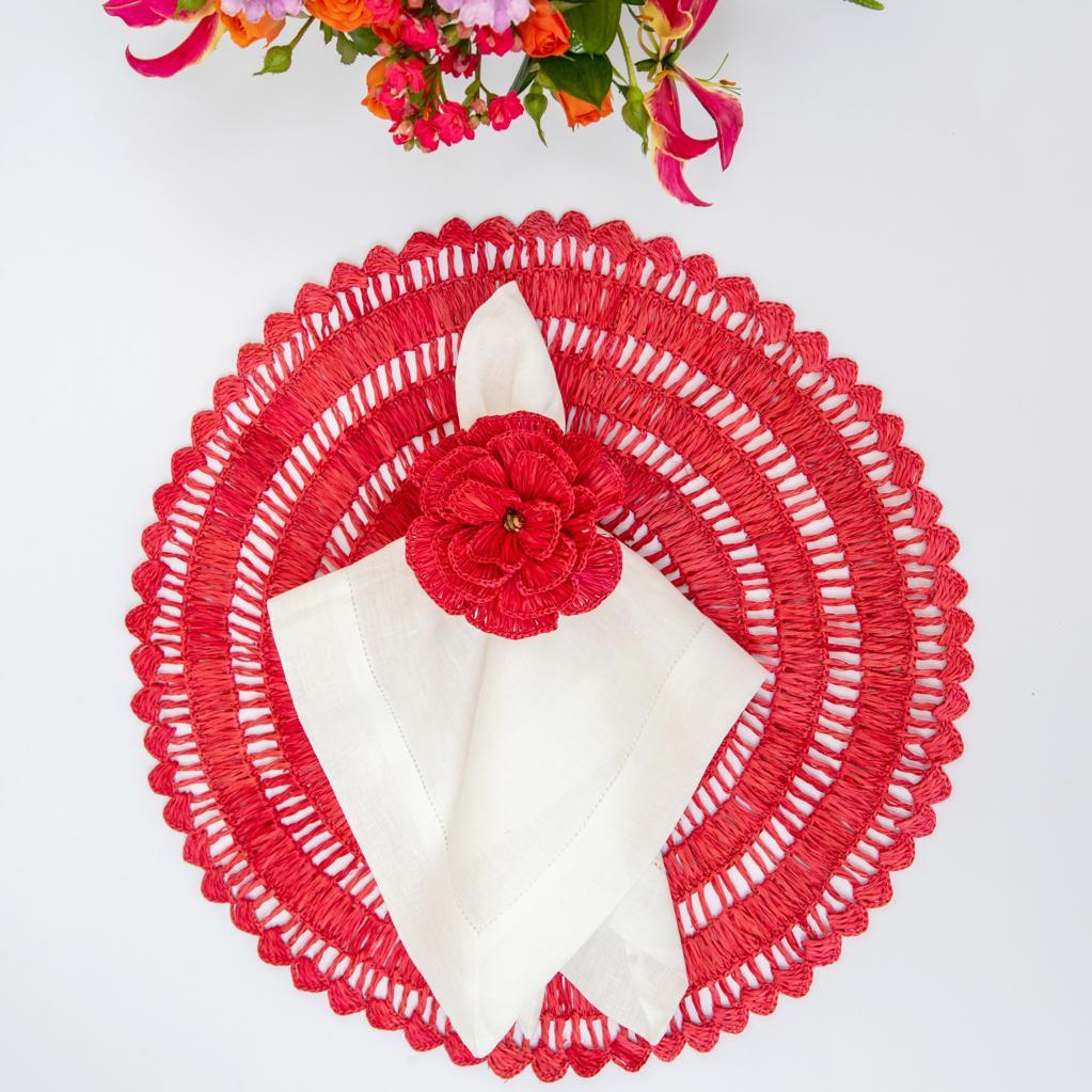 Buriti straw placemat handwoven from natural Brazilian palm fiber in red by Talah Home
